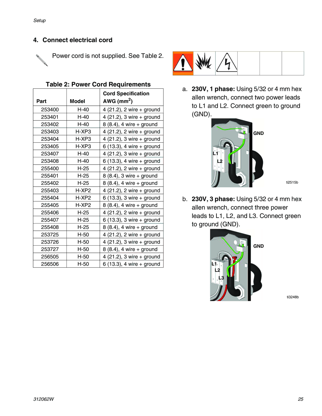 Graco H40, H50, H25 Connect electrical cord, Power Cord Requirements, Cord Specification, Part Model AWG mm 