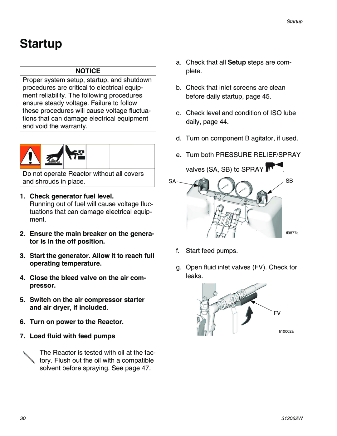 Graco H50, H40, H25 important safety instructions Startup, Check generator fuel level 