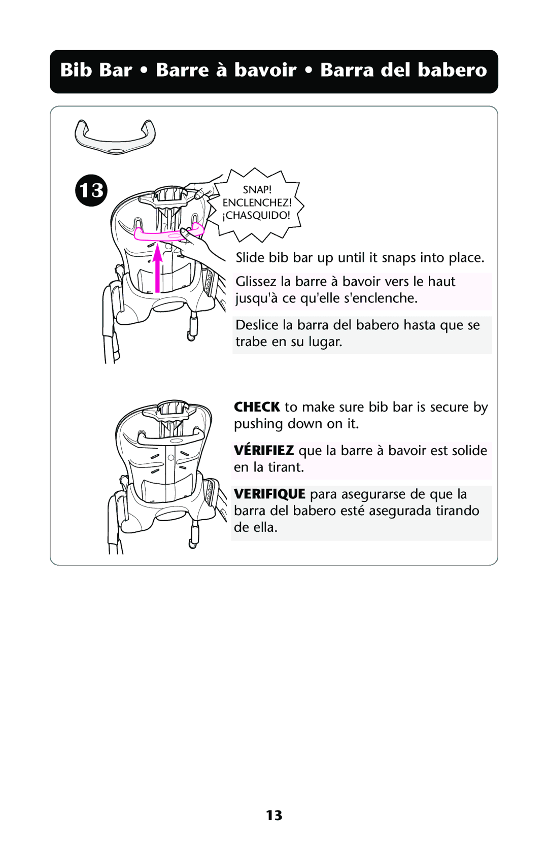 Graco HARMONY High Chair manual Bib Bar Barre à bavoir Barra del babero 