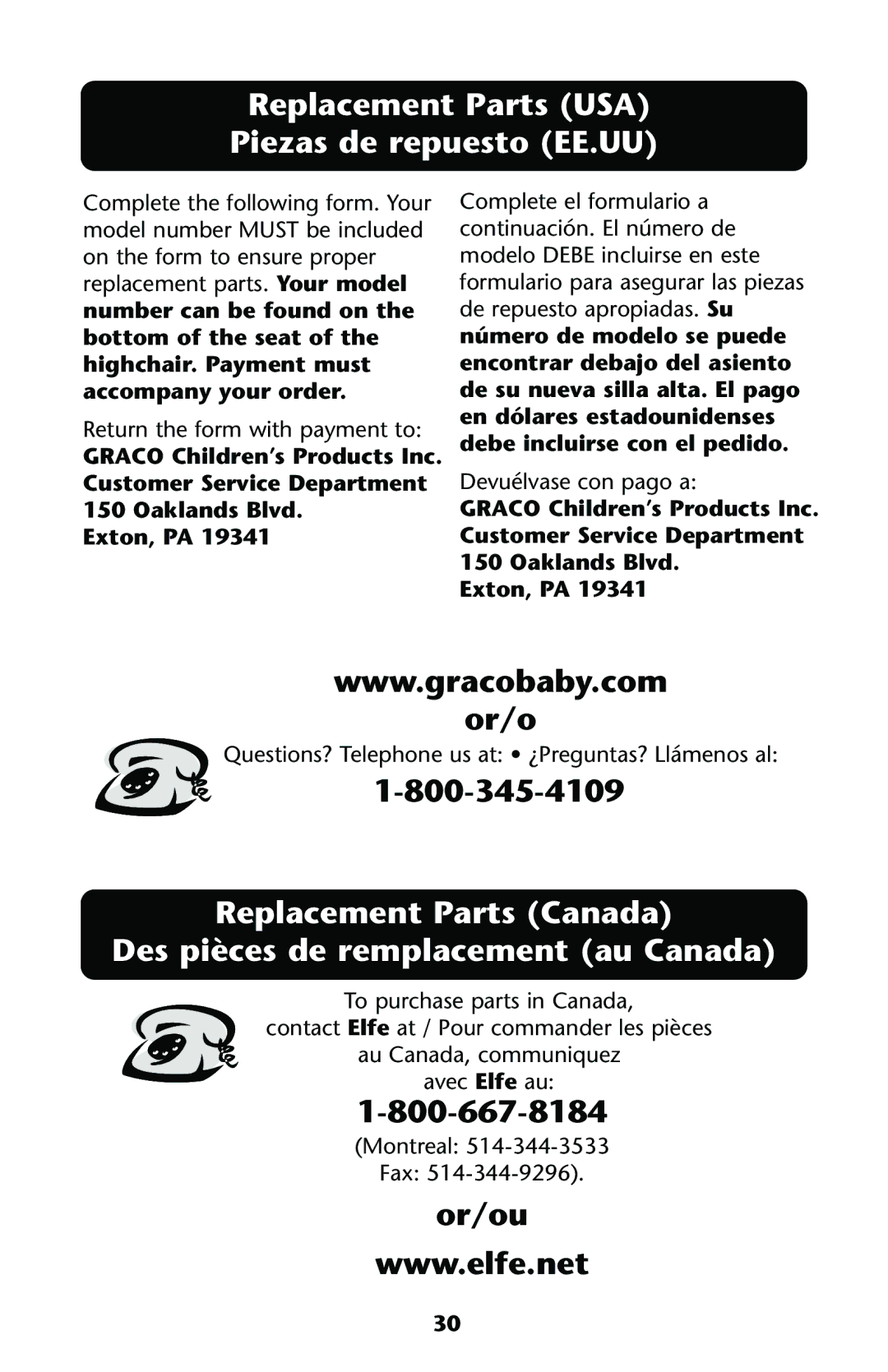 Graco HARMONY High Chair manual Replacement Parts USA Piezas de repuesto EE.UU, Or/ou 