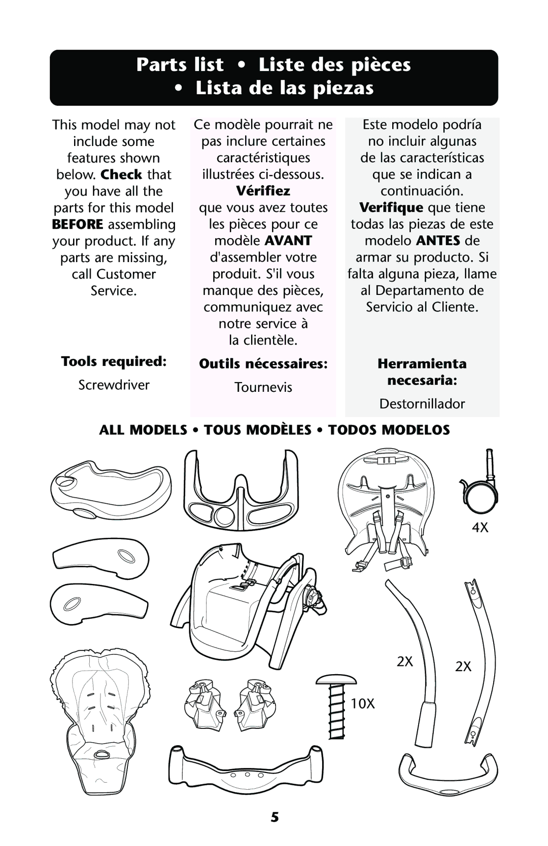 Graco HARMONY High Chair manual Parts list Liste des pièces Lista de las piezas, Verifique que tiene 