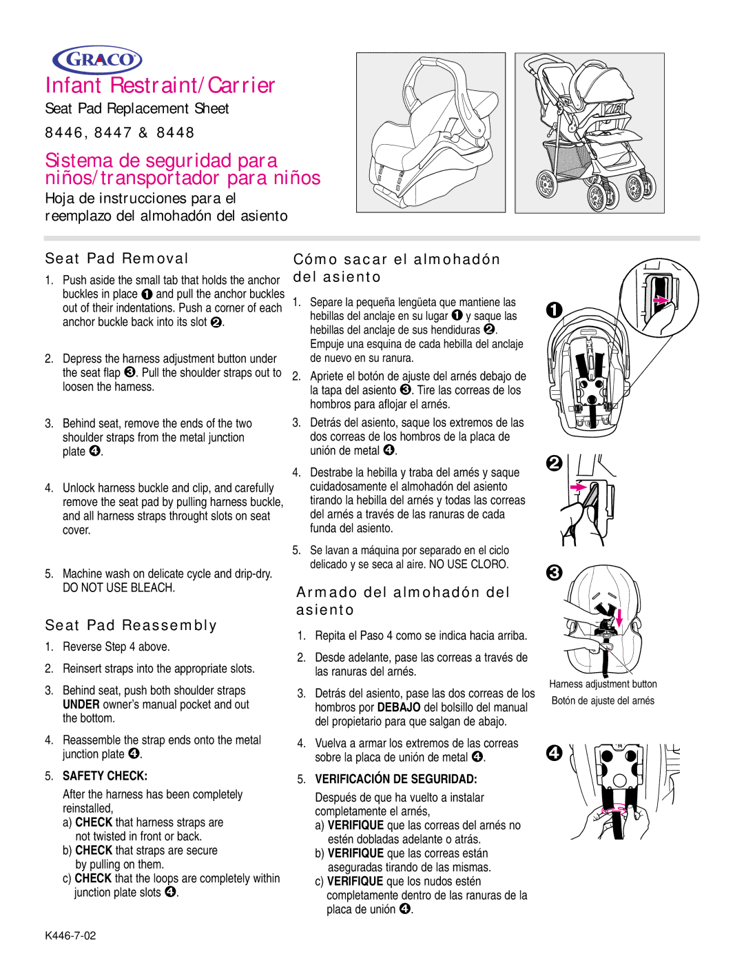 Graco HP6307/00, 8448 manual 8446, 8447, Seat Pad Removal, Cómo sacar el almohadón del asiento, Seat Pad Reassembly 