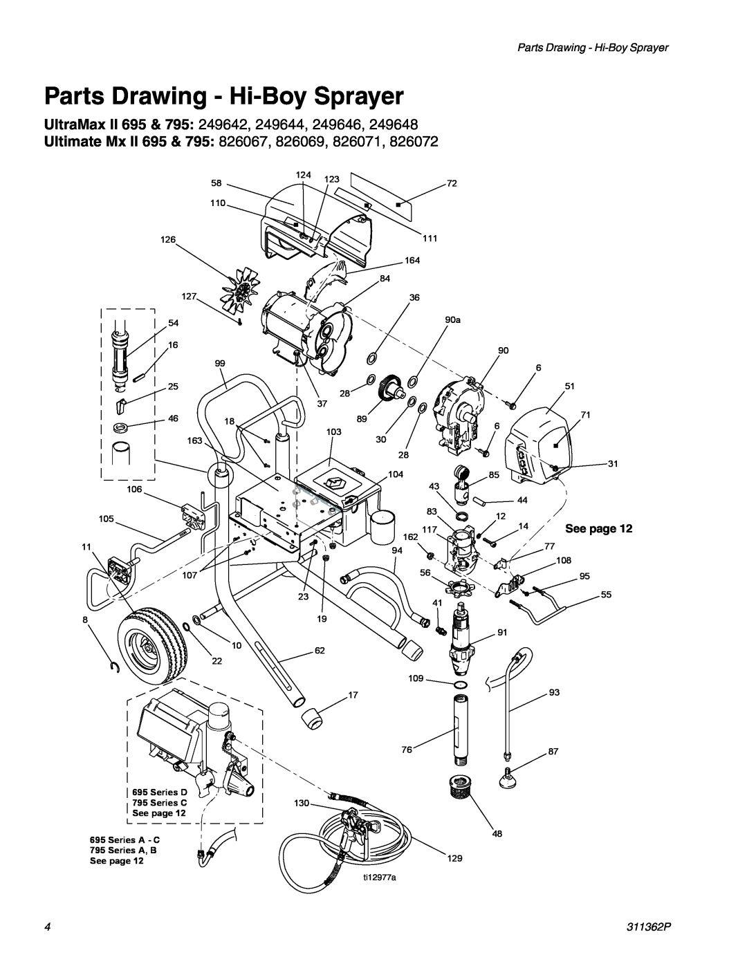 Graco Inc 1095, 1595 Parts Drawing - Hi-Boy Sprayer, UltraMax II 695 & 795 249642, 249644, 249646, See page, Series A - C 