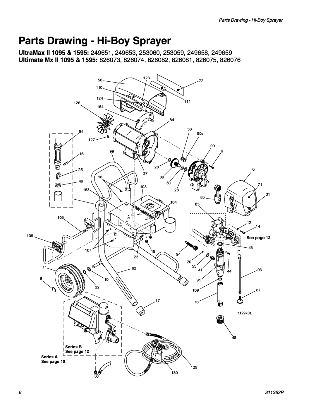 Graco Inc UltraMax II 1095 & 1595 249651, 249653, 253060, 253059, 249658, Parts Drawing - Hi-Boy Sprayer, See page 