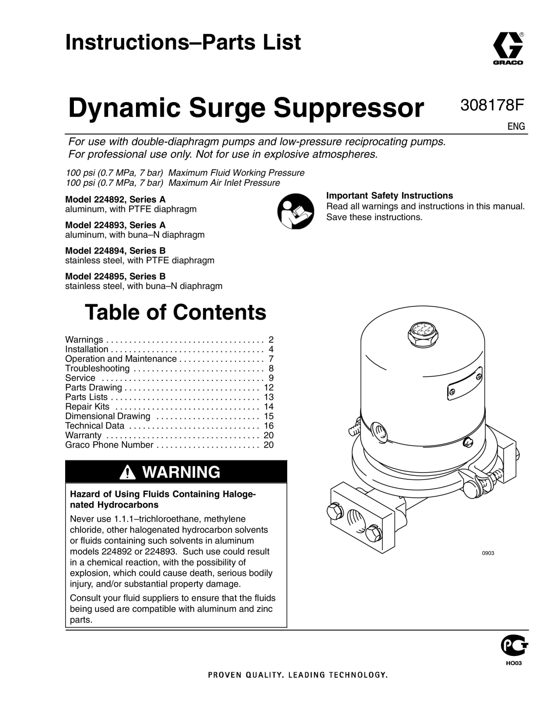 Graco Inc 224894, 224895, 224892, 224893, 308178 important safety instructions Instructions-Parts List, Table of Contents 