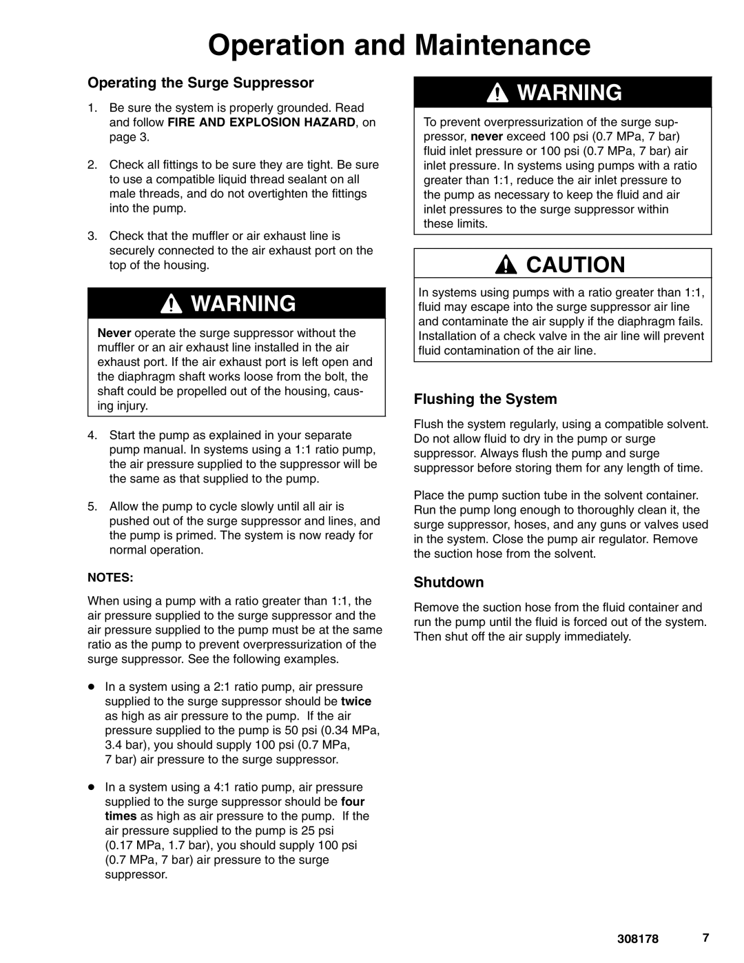 Graco Inc 224892, 224895, 224894 Operation and Maintenance, Operating the Surge Suppressor, Flushing the System, Shutdown 