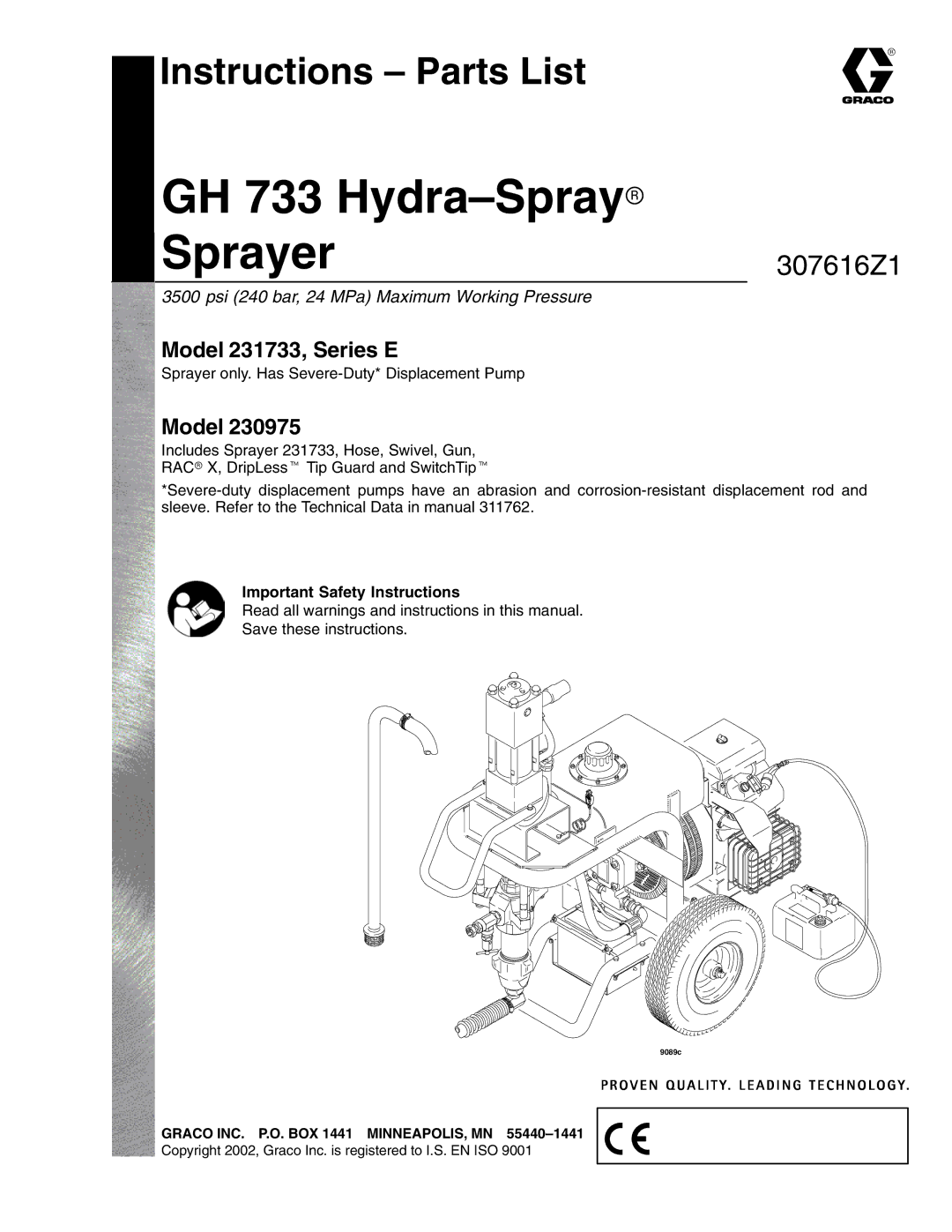 Graco Inc 231733, 230975, GH 733 important safety instructions Instructions Parts List, Important Safety Instructions 