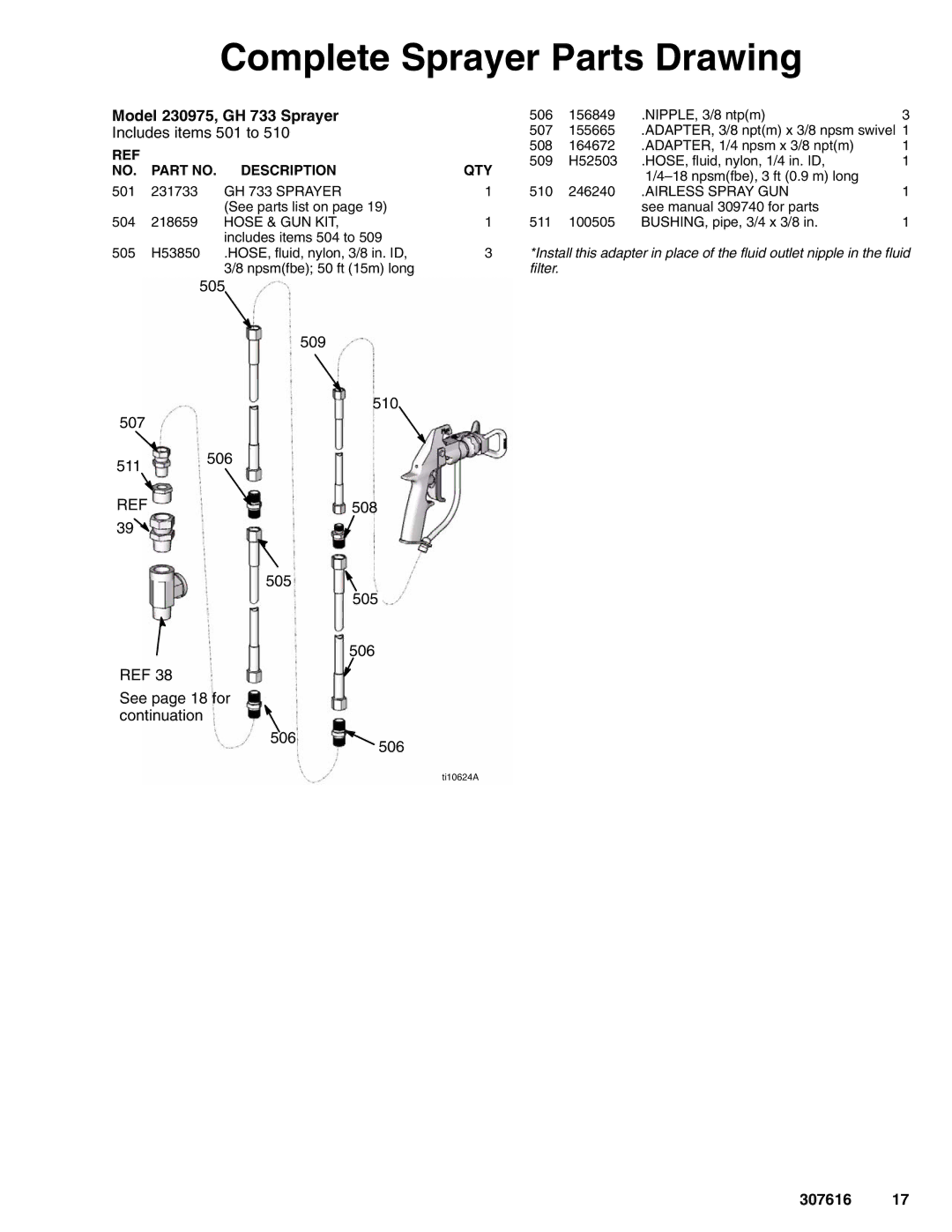 Graco Inc 231733 important safety instructions Complete Sprayer Parts Drawing, Model 230975, GH 733 Sprayer 