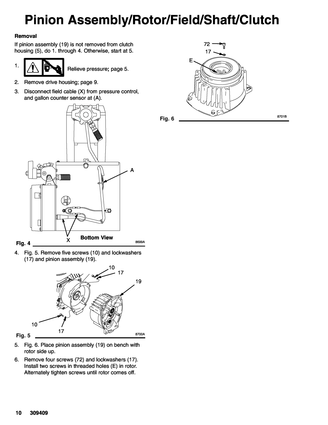 Graco Inc 233708, 233702, 233701, 233700, 309409E, 5900 Pinion Assembly/Rotor/Field/Shaft/Clutch, Bottom View, Removal, 8699A 