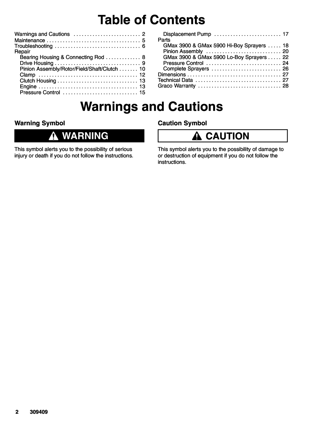 Graco Inc 233700, 233702, 233701, 309409E, 5900, 3900 Table of Contents, Warnings and Cautions, Warning Symbol, Caution Symbol 