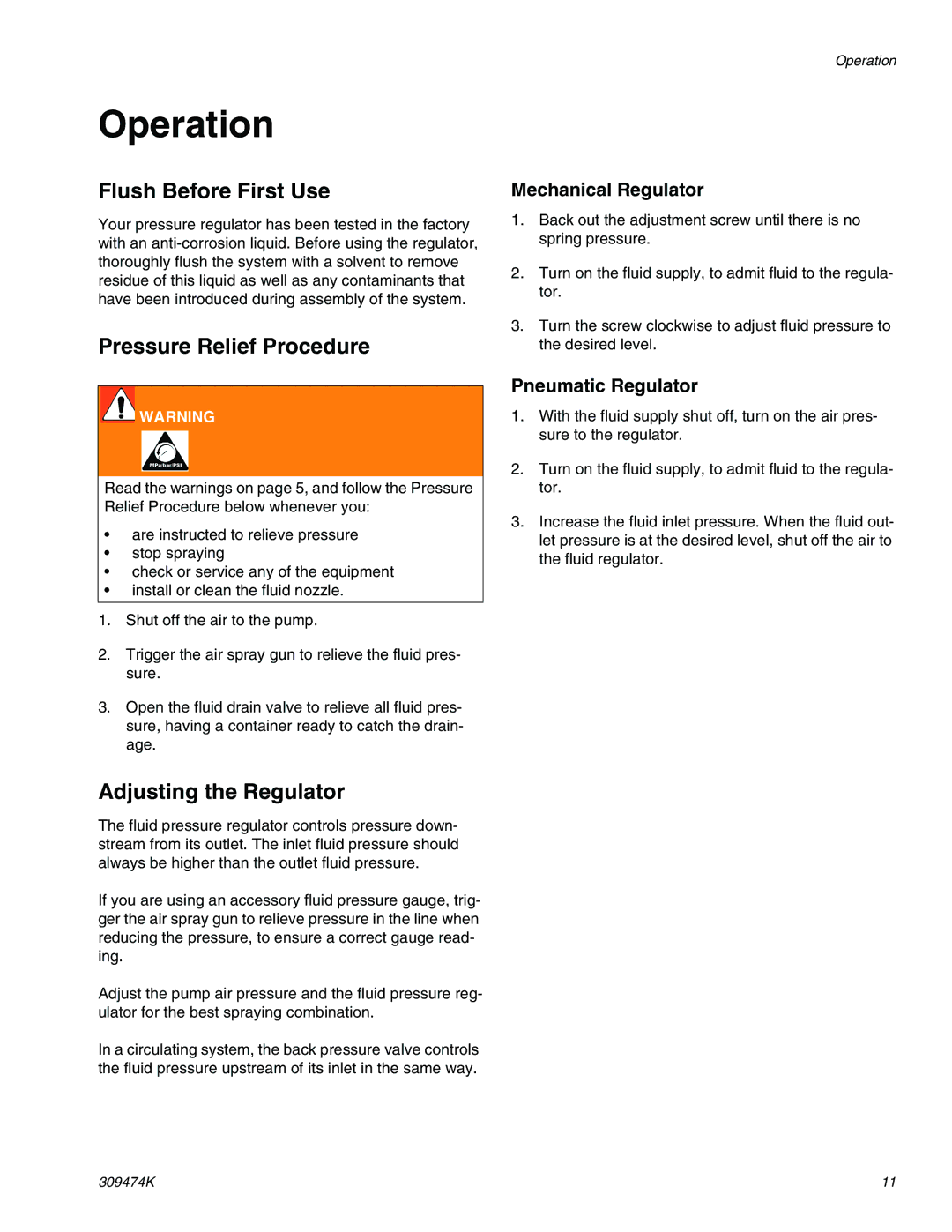 Graco Inc 233757 Operation, Flush Before First Use, Pressure Relief Procedure, Adjusting the Regulator 