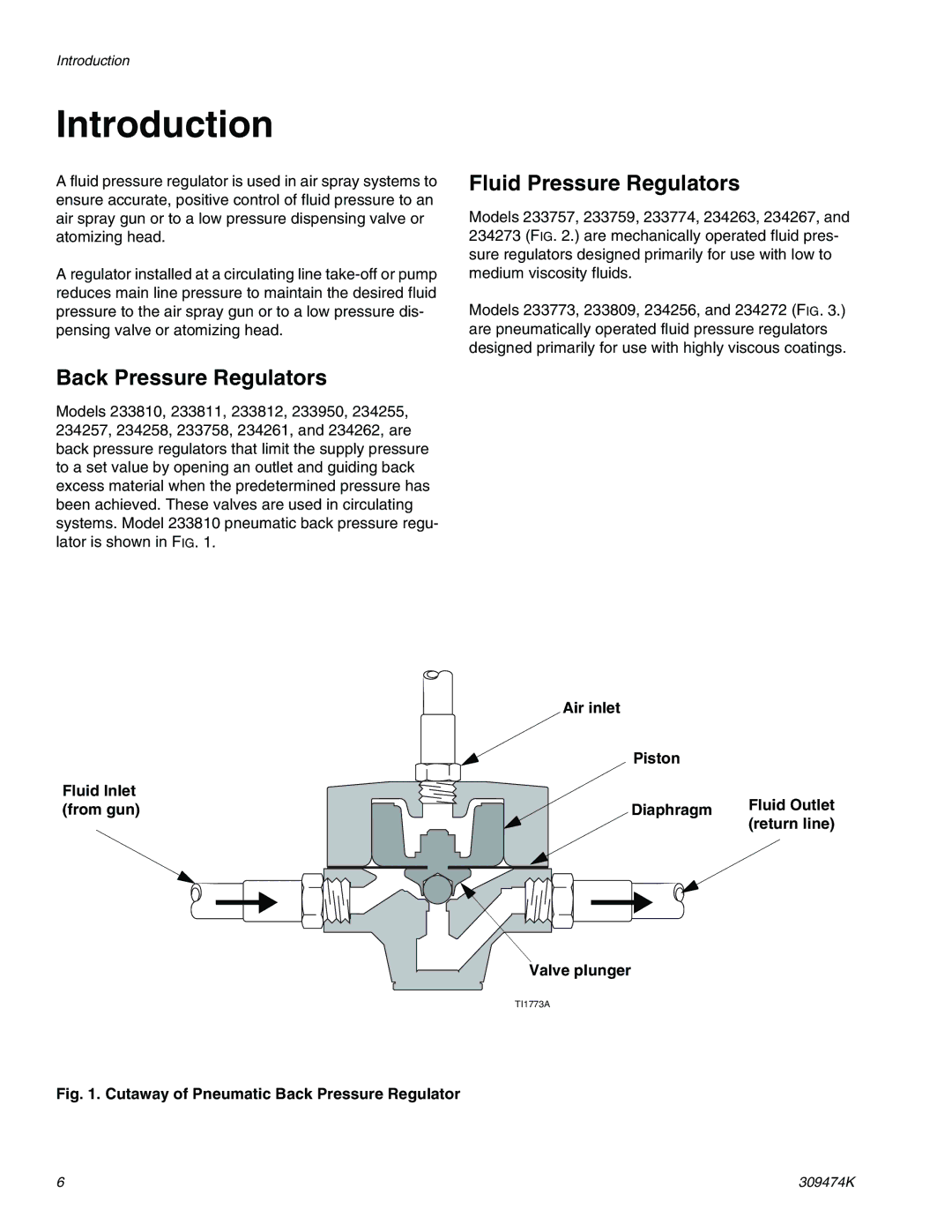 Graco Inc 233757 Introduction, Back Pressure Regulators, Fluid Pressure Regulators, Fluid Inlet from gun 