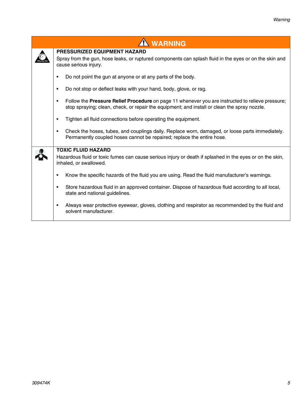 Graco Inc 233757 important safety instructions Pressurized Equipment Hazard, Toxic Fluid Hazard, 309474K 