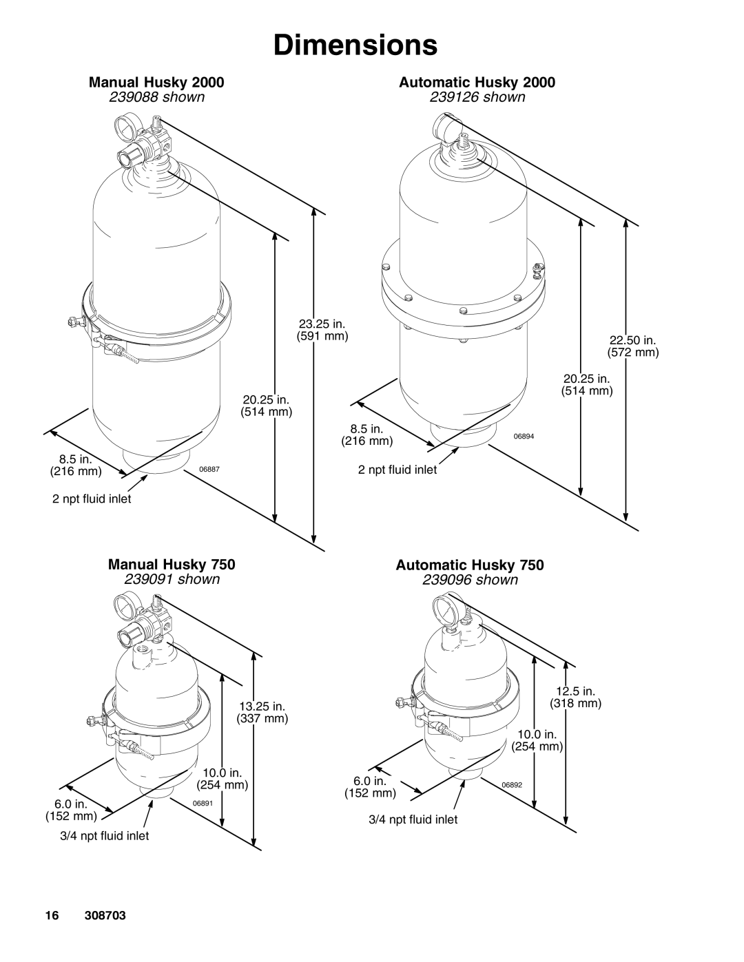 Graco Inc 239095, 239136, 239129, 750, 239124, 239130, 239122, 239091, 239131, 239092 Dimensions, Manual Husky Automatic Husky 