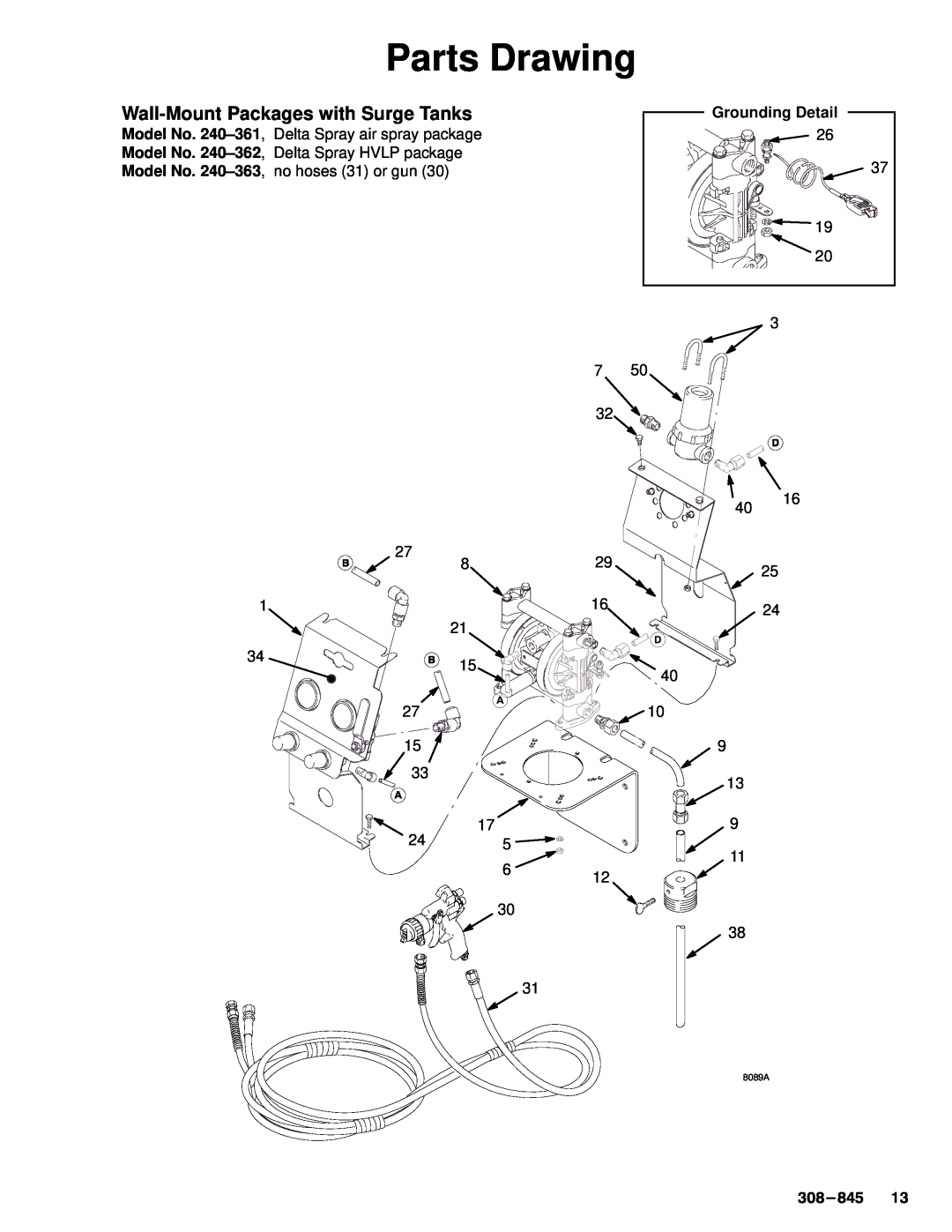 Graco Inc 308-8452, 240-351, 240-352, 8119A, 240-362, 240361 manual Parts Drawing, Wall-Mount Packages with Surge Tanks, 8089A 