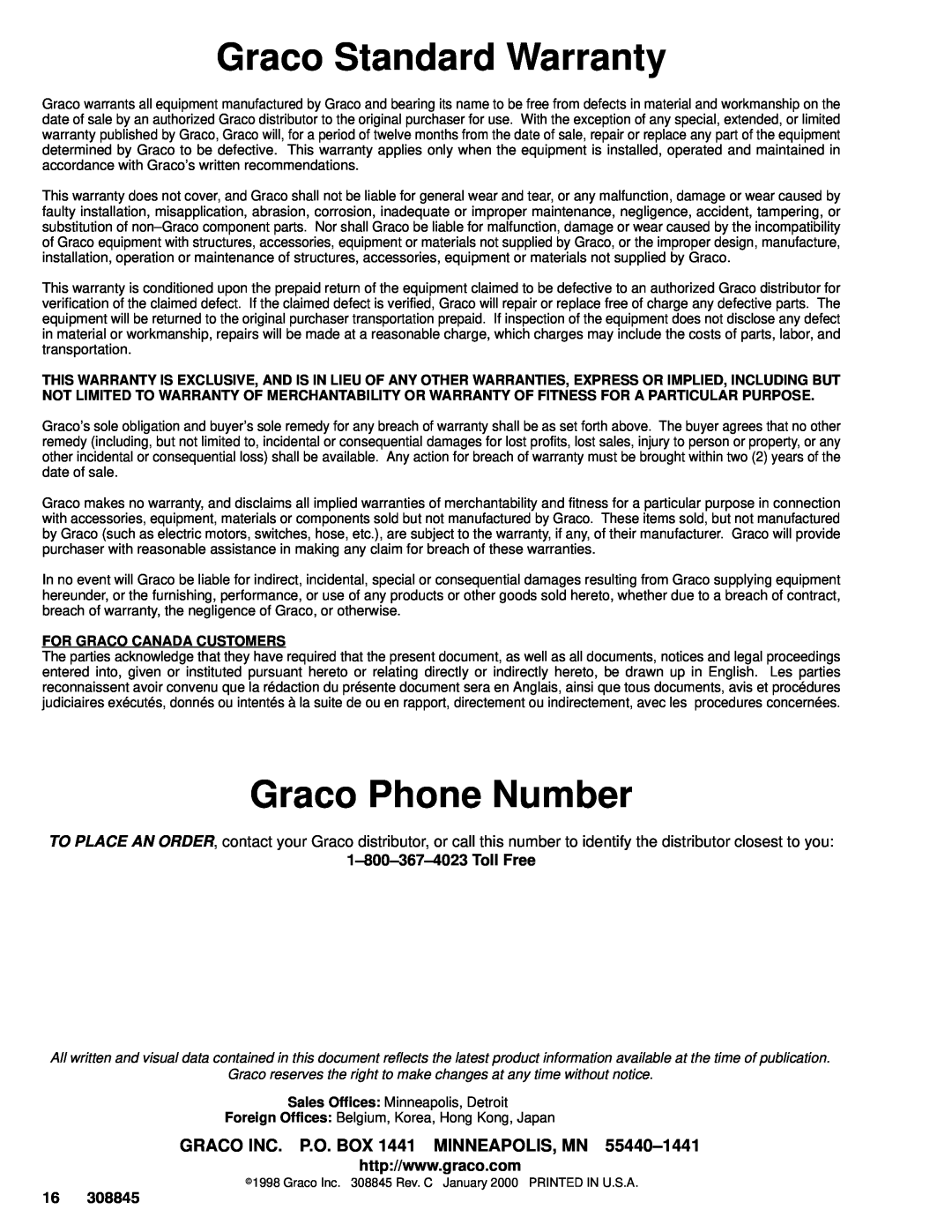 Graco Inc 240-363, 240-351, 240-352 Graco Standard Warranty, Graco Phone Number, GRACO INC. P.O. BOX 1441 MINNEAPOLIS, MN 