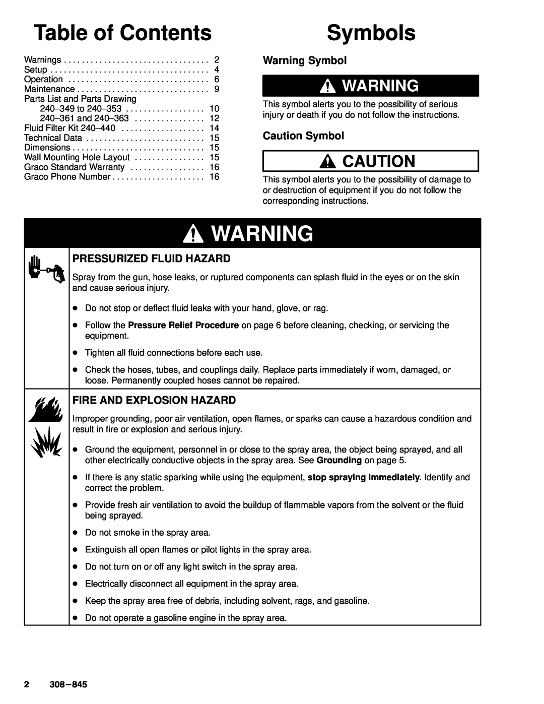 Graco Inc 308-8452 Table of Contents, Symbols, Warning Symbol, Caution Symbol, Pressurized Fluid Hazard, Warningarning 