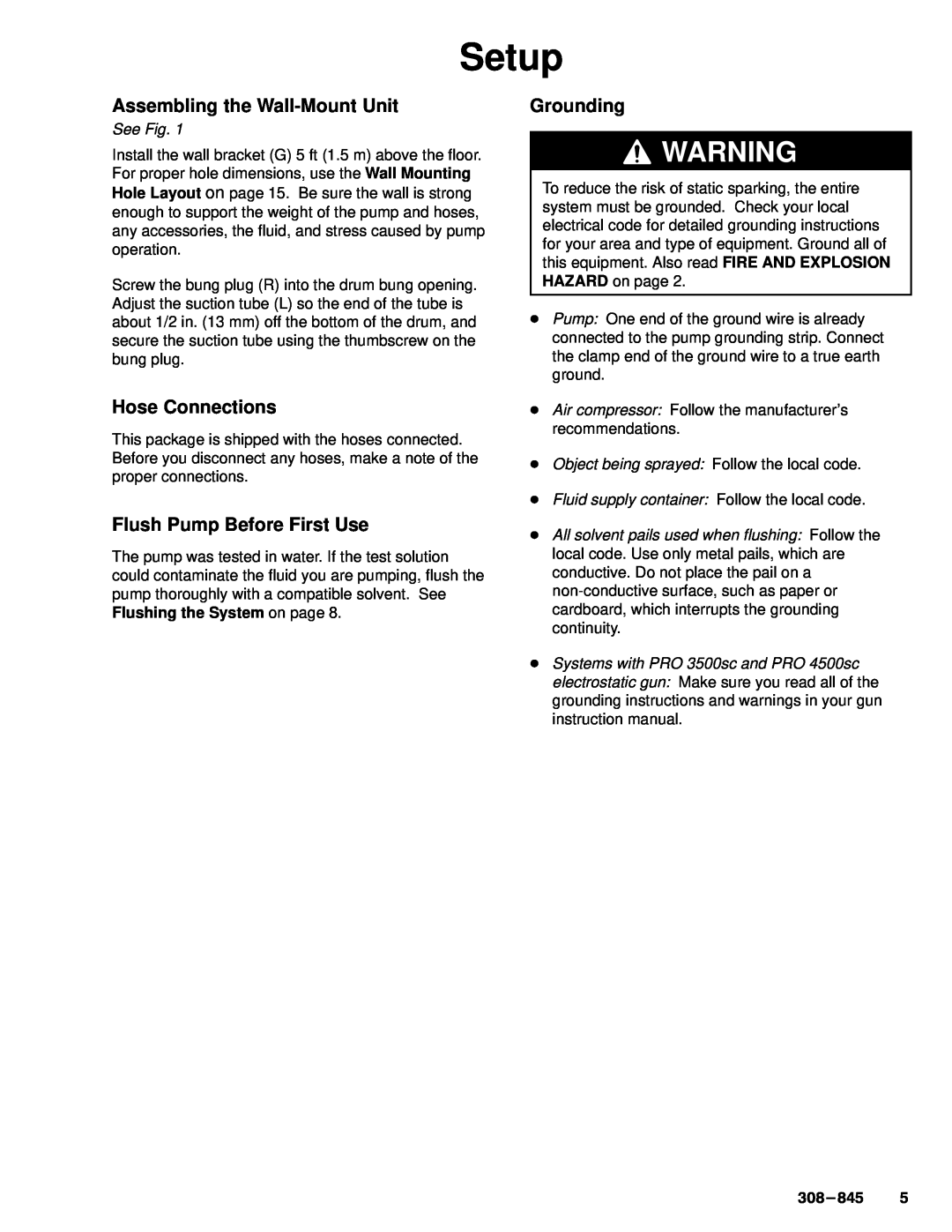 Graco Inc 240-363 Assembling the Wall-Mount Unit, Hose Connections, Flush Pump Before First Use, Grounding, See Fig, Setup 