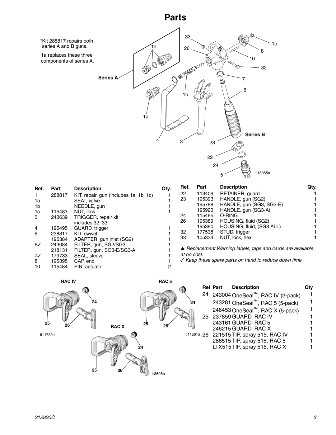 Graco Inc 257359, 246506, 289843, 312830C, 243012 Parts, Series a Part Description Qty, Series B, Ref Part Description Qty 