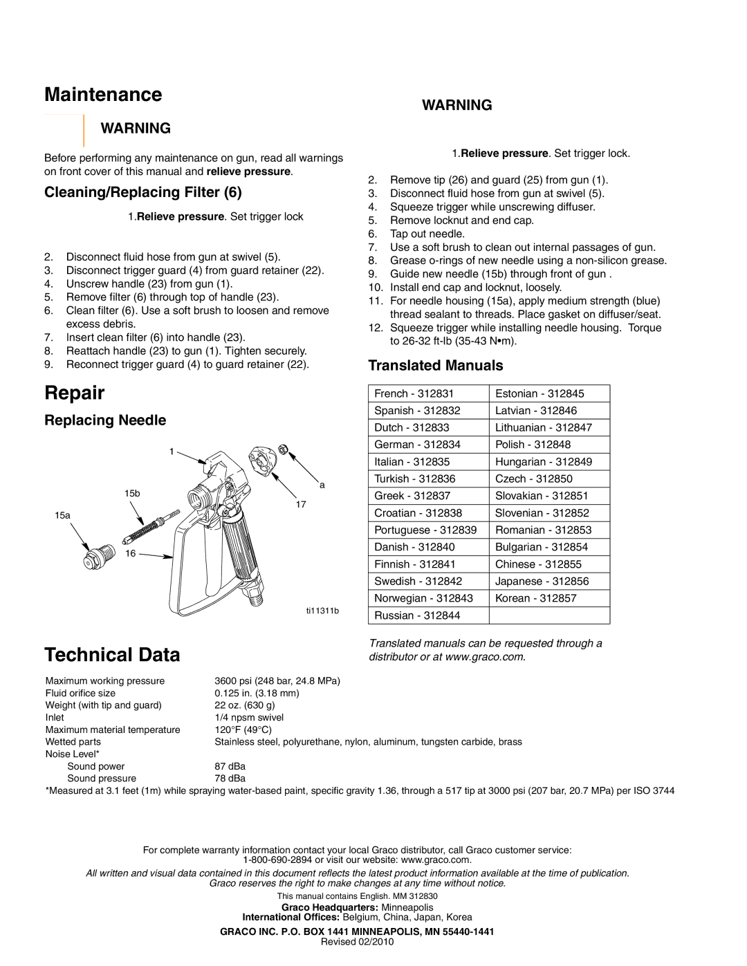 Graco Inc 243012, 246506, 289843, 312830C, 257359, 243011, SG2 important safety instructions Maintenance, Repair, Technical Data 