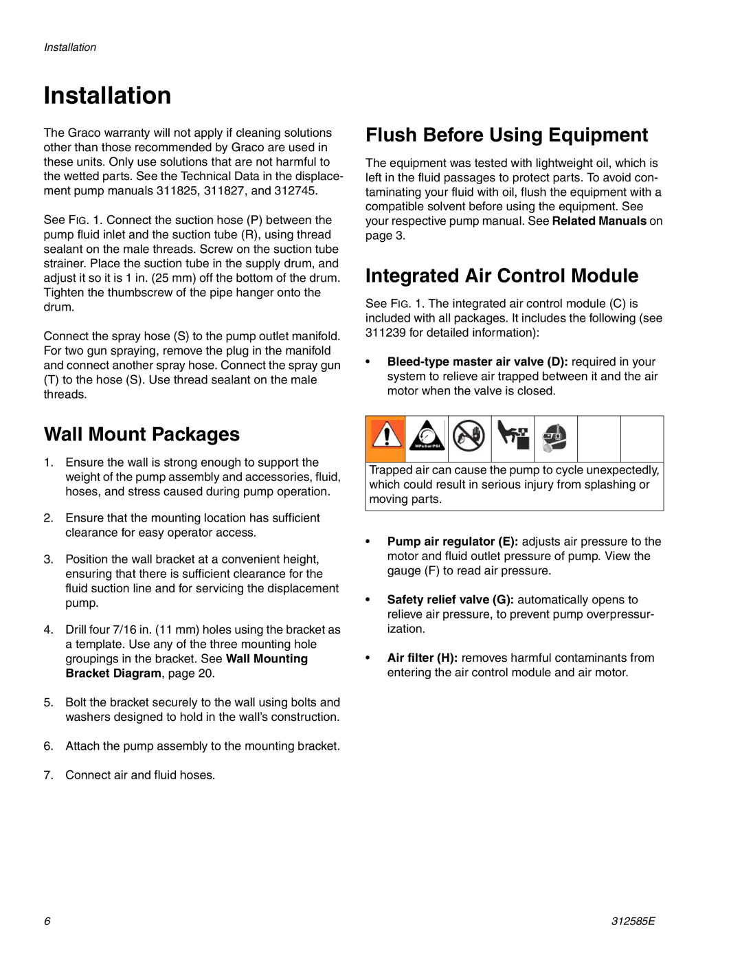 Graco Inc 247551, 247553 Installation, Flush Before Using Equipment, Integrated Air Control Module, Wall Mount Packages 