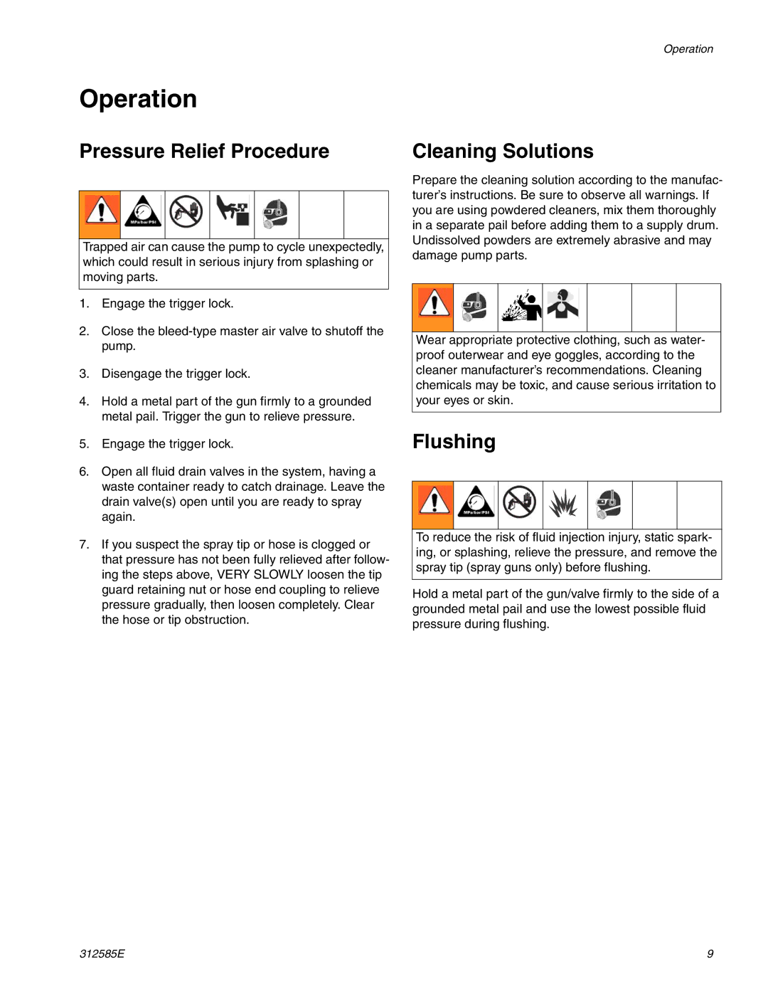 Graco Inc 247553, 247552, 247554, 258665, 258664, 312585E Operation, Pressure Relief Procedure, Cleaning Solutions, Flushing 