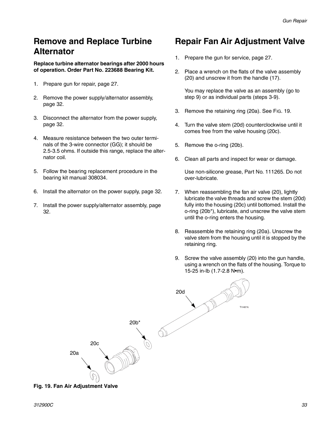 Graco Inc 247936, 312900C, 247937 Remove and Replace Turbine Alternator, Repair Fan Air Adjustment Valve 