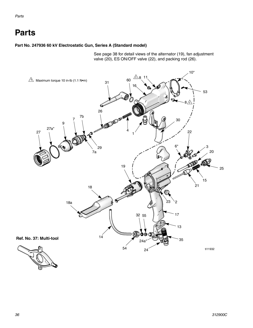 Graco Inc 247936, 312900C, 247937 Parts, Part No 60 kV Electrostatic Gun, Series a Standard model, Ref. No Multi-tool 