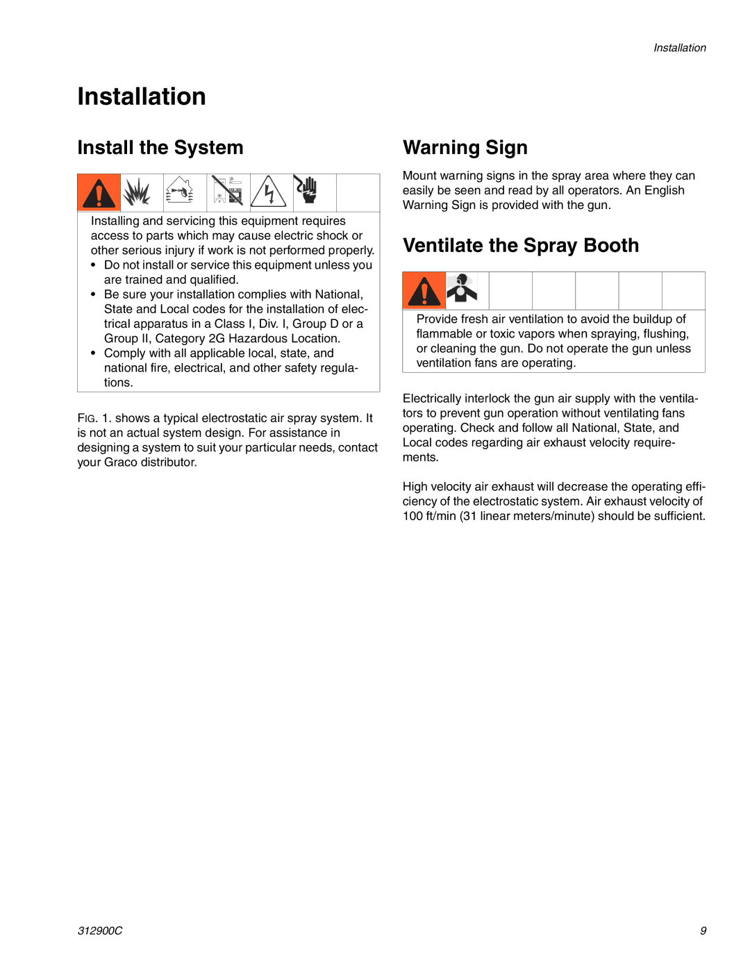 Graco Inc 247936, 312900C, 247937 important safety instructions Installation, Install the System, Ventilate the Spray Booth 