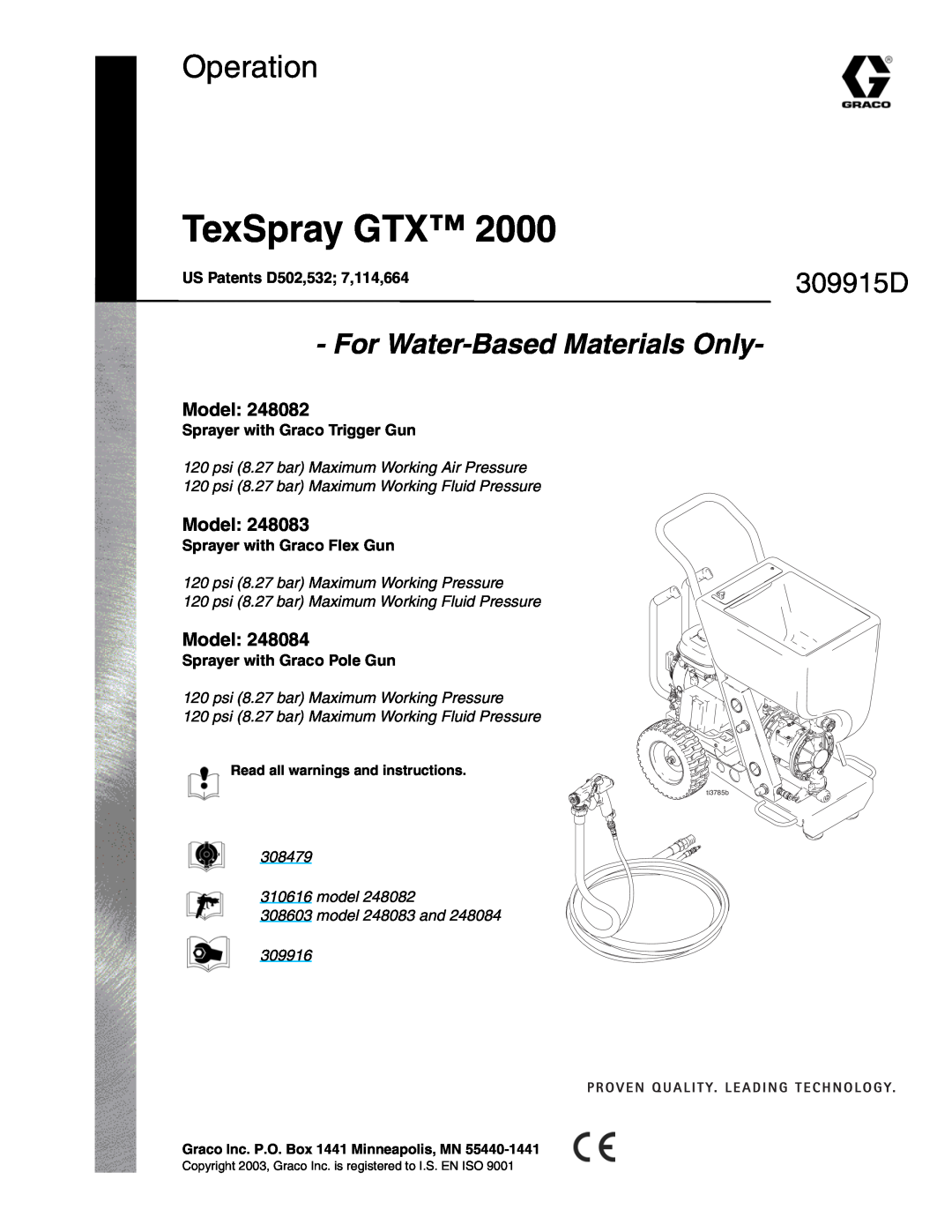 Graco Inc 248083 manual 309915D, Model, US Patents D502,532 7,114,664, Sprayer with Graco Trigger Gun, TexSpray GTX 