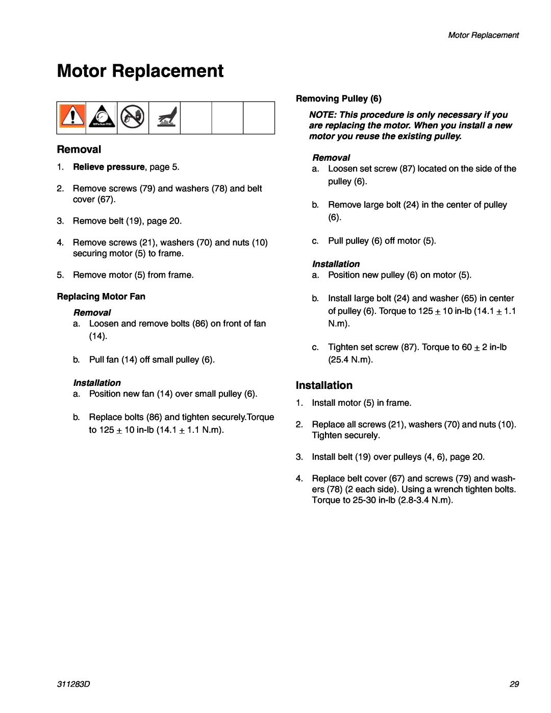 Graco Inc 249617 Motor Replacement, Replacing Motor Fan, Removal, Installation, Removing Pulley, Relieve pressure, page 