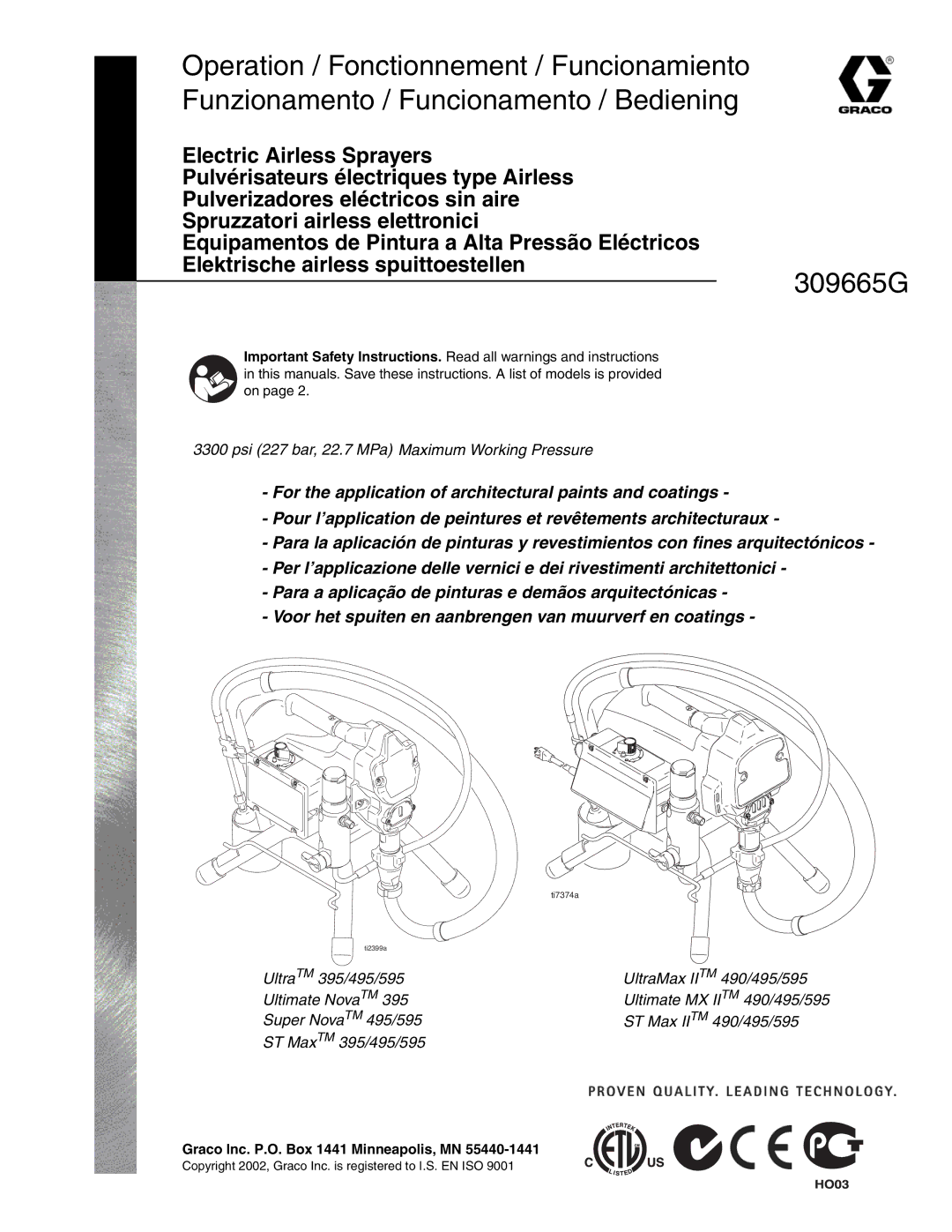 Graco Inc 253104, 253015, 253107, 253105, 595 important safety instructions 309665G, Graco Inc. P.O. Box 1441 Minneapolis, MN 