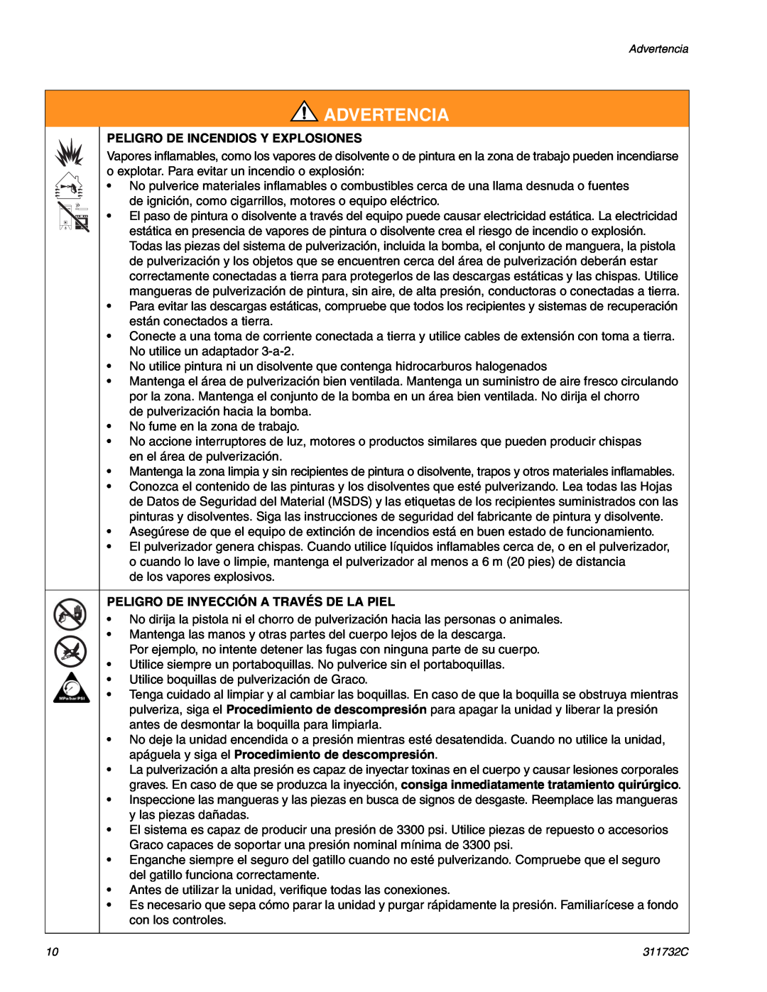 Graco Inc 253961, 253958, 311732C Peligro De Incendios Y Explosiones, Peligro De Inyección A Través De La Piel, Advertencia 