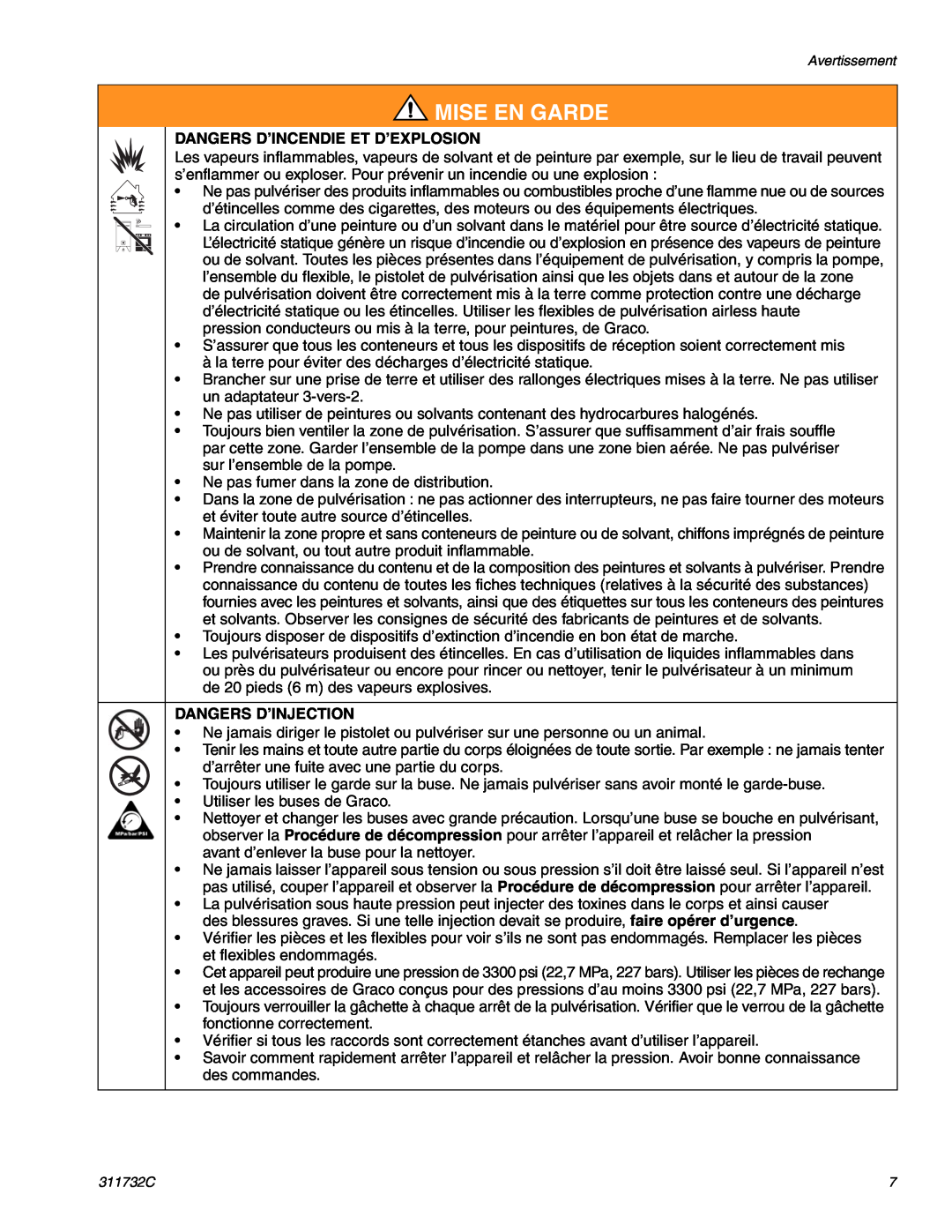 Graco Inc 253958, 311732C, 262019, 253961, 254998 Dangers D’Incendie Et D’Explosion, Dangers D’Injection, Mise En Garde 