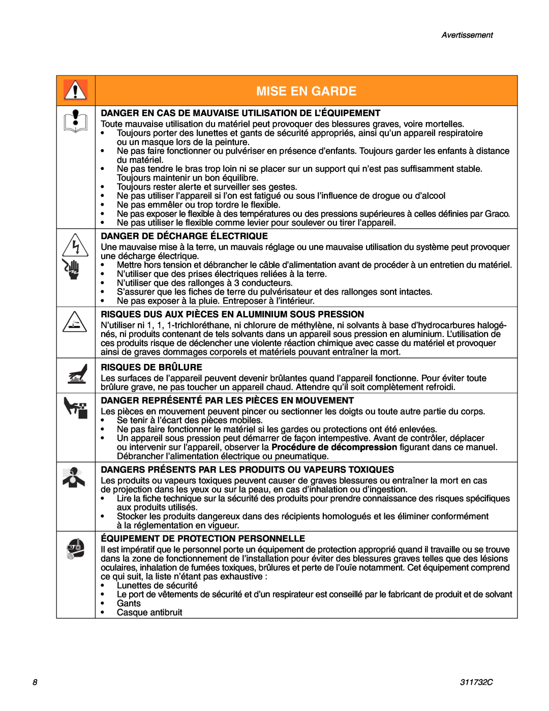 Graco Inc 311732C Danger En Cas De Mauvaise Utilisation De L’Équipement, Danger De Décharge Électrique, Risques De Brûlure 