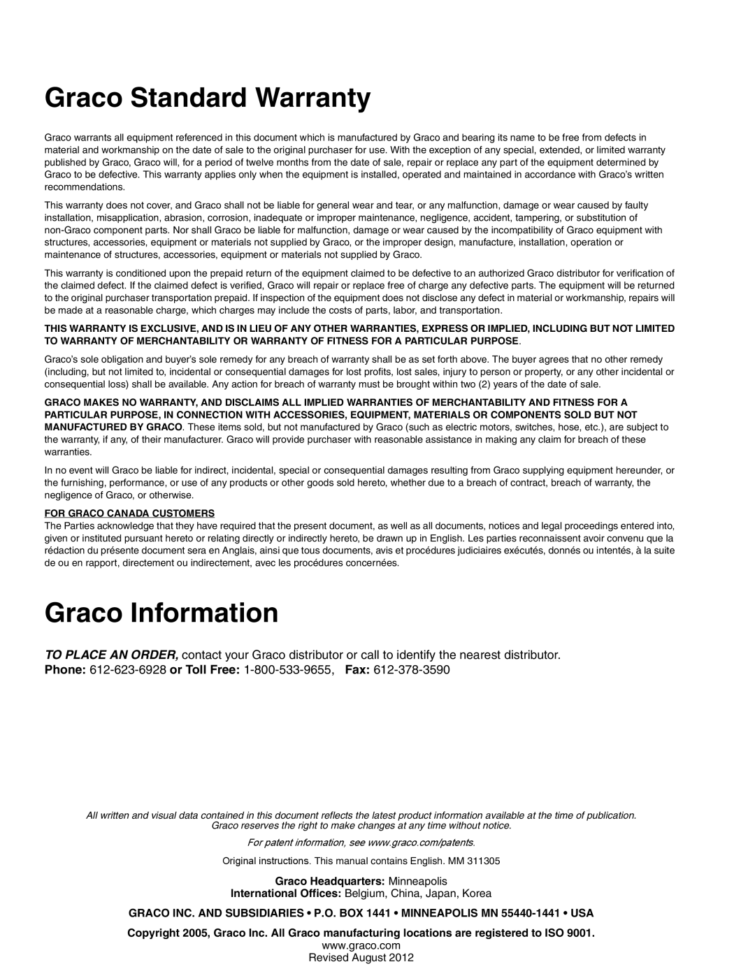 Graco Inc 260101, 260102, 260104, 260100 important safety instructions Graco Standard Warranty, Graco Information 