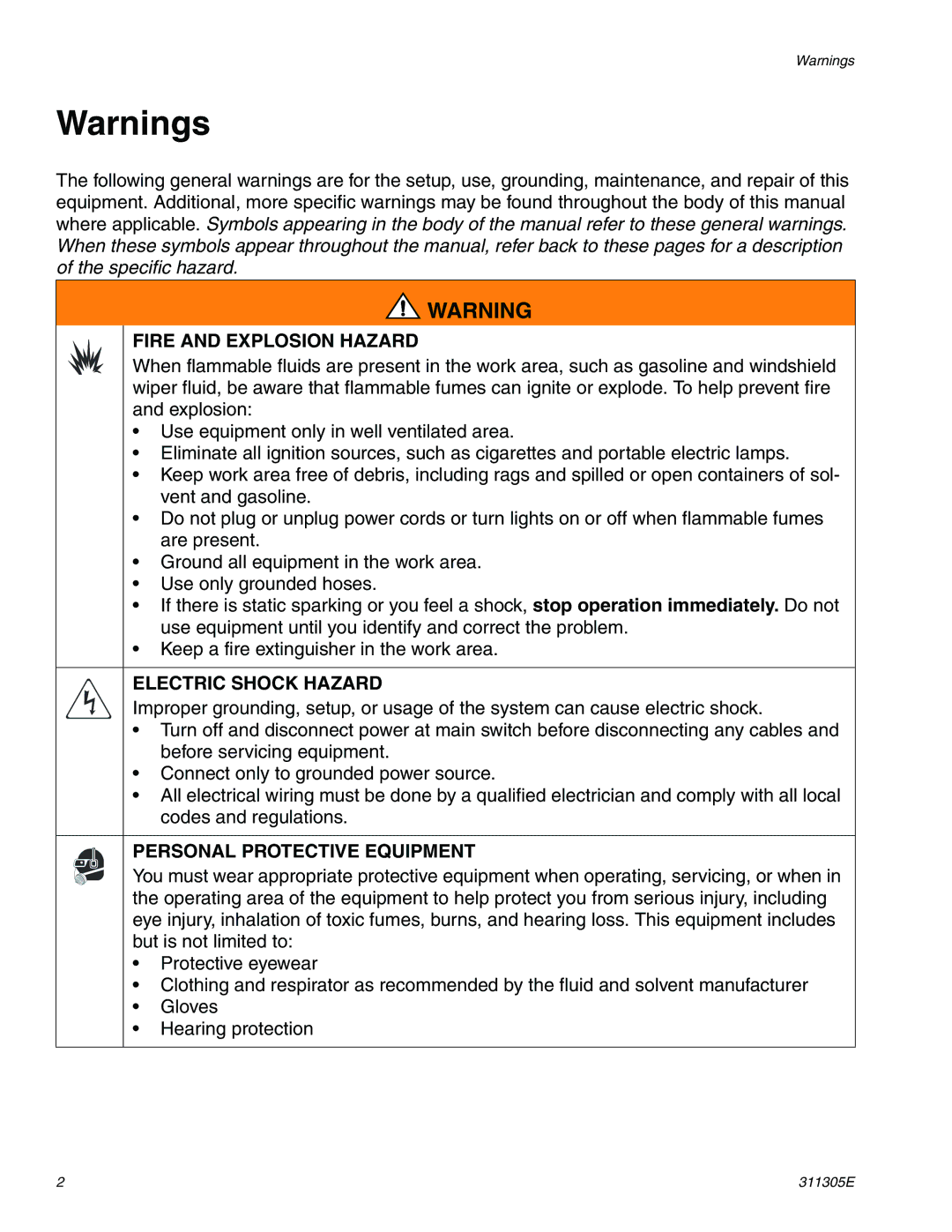 Graco Inc 260101, 260102, 260104, 260100 important safety instructions Fire and Explosion Hazard 