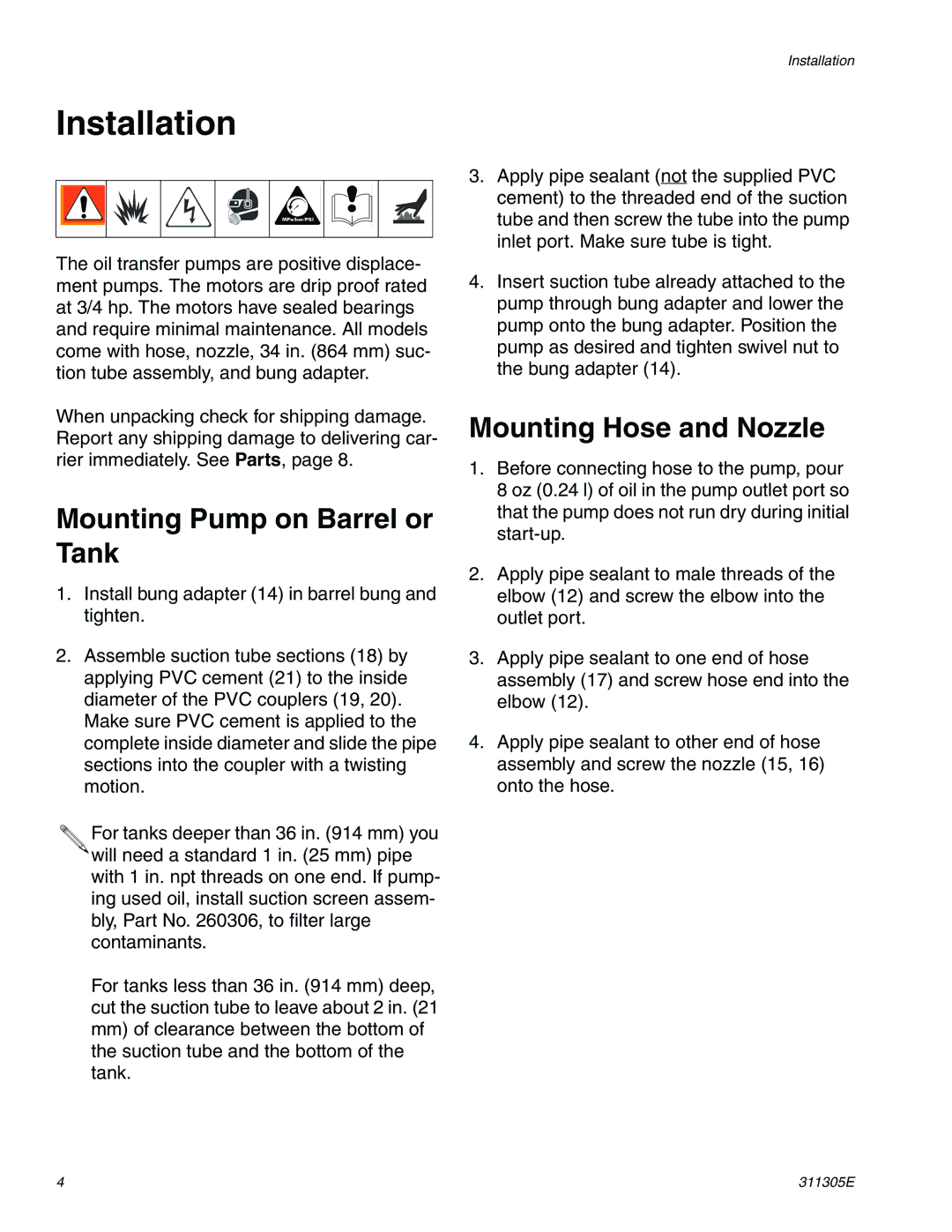 Graco Inc 260102, 260104, 260101, 260100 Installation, Mounting Pump on Barrel or Tank, Mounting Hose and Nozzle 