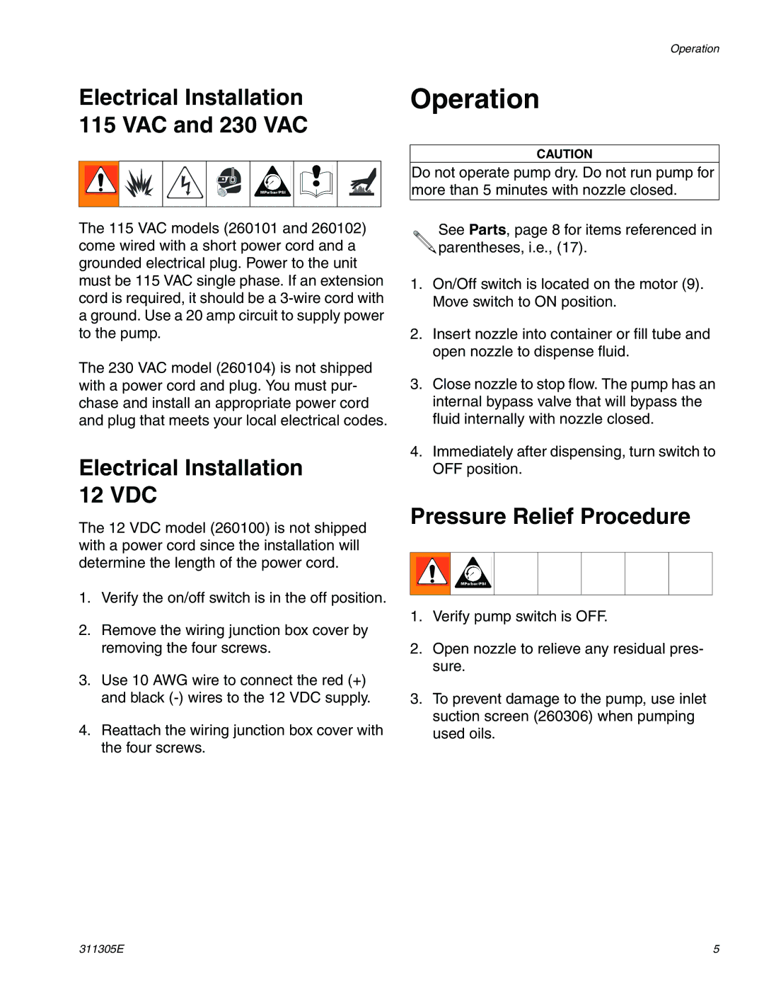 Graco Inc 260104, 260102, 260101 Operation, Electrical Installation 115 VAC and 230 VAC, Electrical Installation 12 VDC 