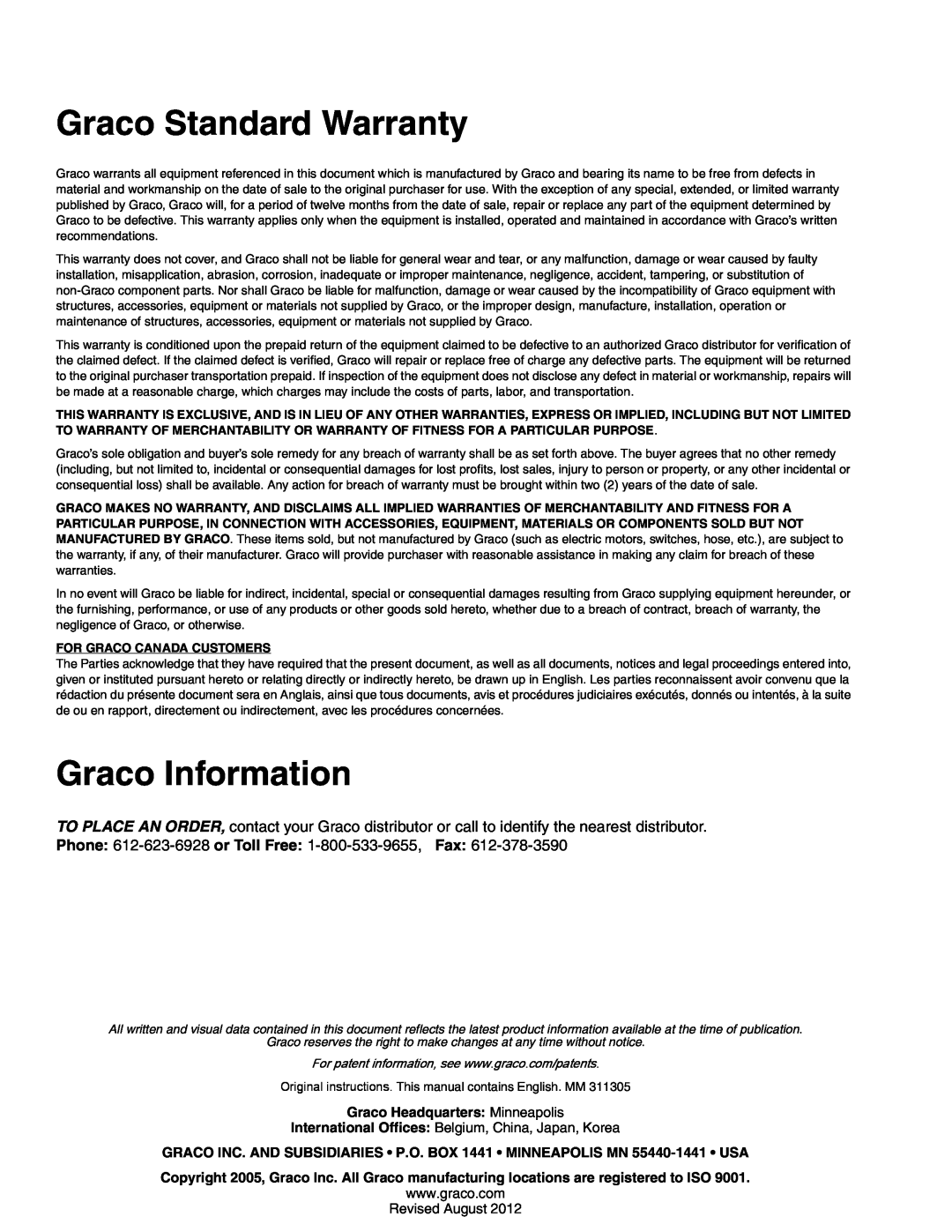 Graco Inc 260101, 260102, 260104, 260100 important safety instructions Graco Standard Warranty, Graco Information 