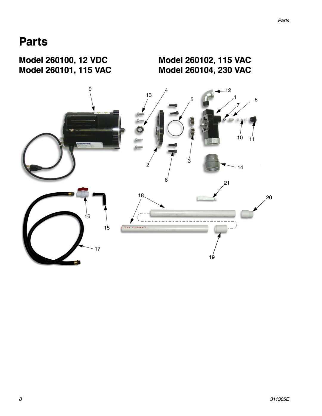 Graco Inc Parts, Model 260100, 12 VDC, Model 260102, 115 VAC, Model 260101, 115 VAC, Model 260104, 230 VAC, 311305E 
