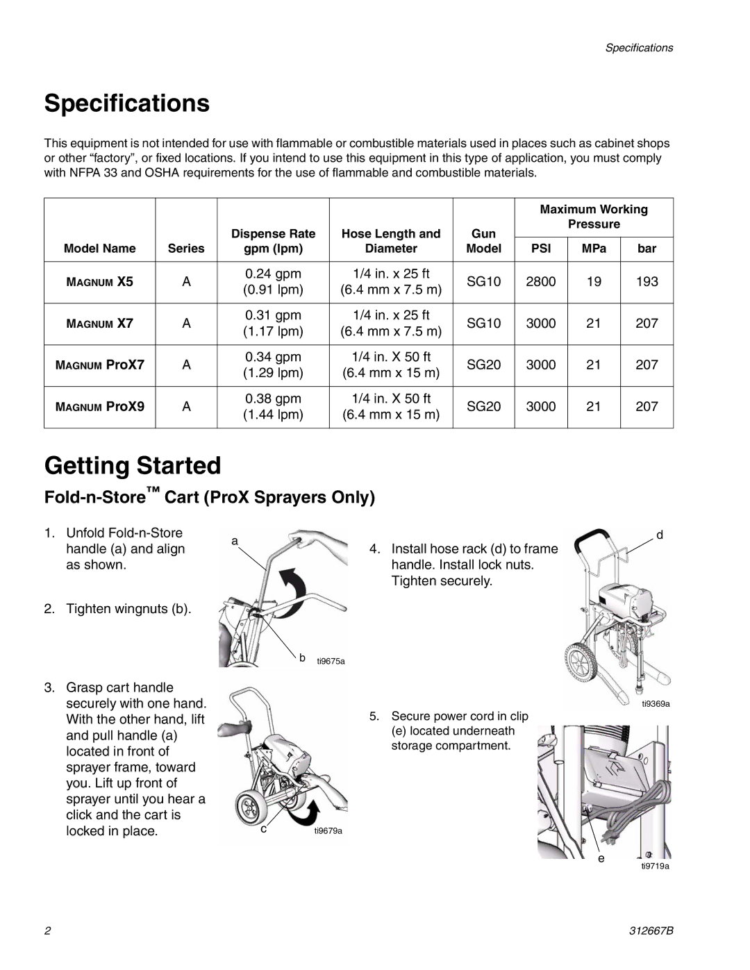 Graco Inc 261820 specifications Specifications, Getting Started, Fold-n-StoreCart ProX Sprayers Only 