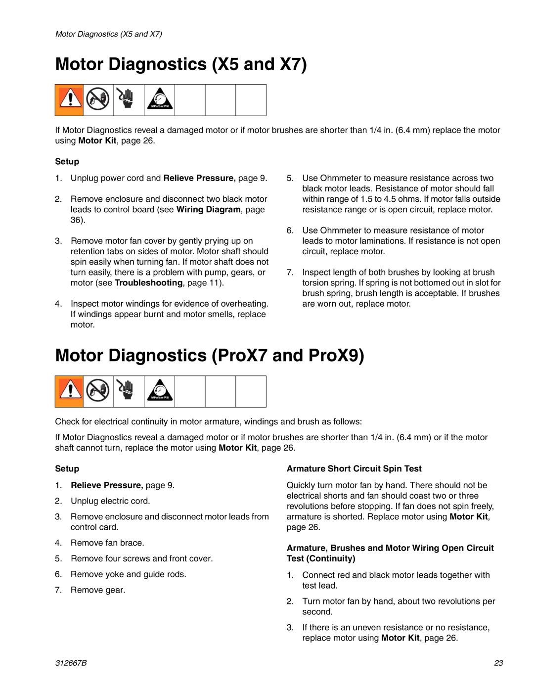 Graco Inc 261820 specifications Motor Diagnostics X5, Motor Diagnostics ProX7 and ProX9, Setup Relieve Pressure 