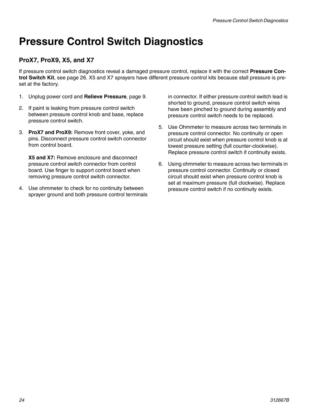 Graco Inc 261820 specifications Pressure Control Switch Diagnostics, ProX7, ProX9, X5 