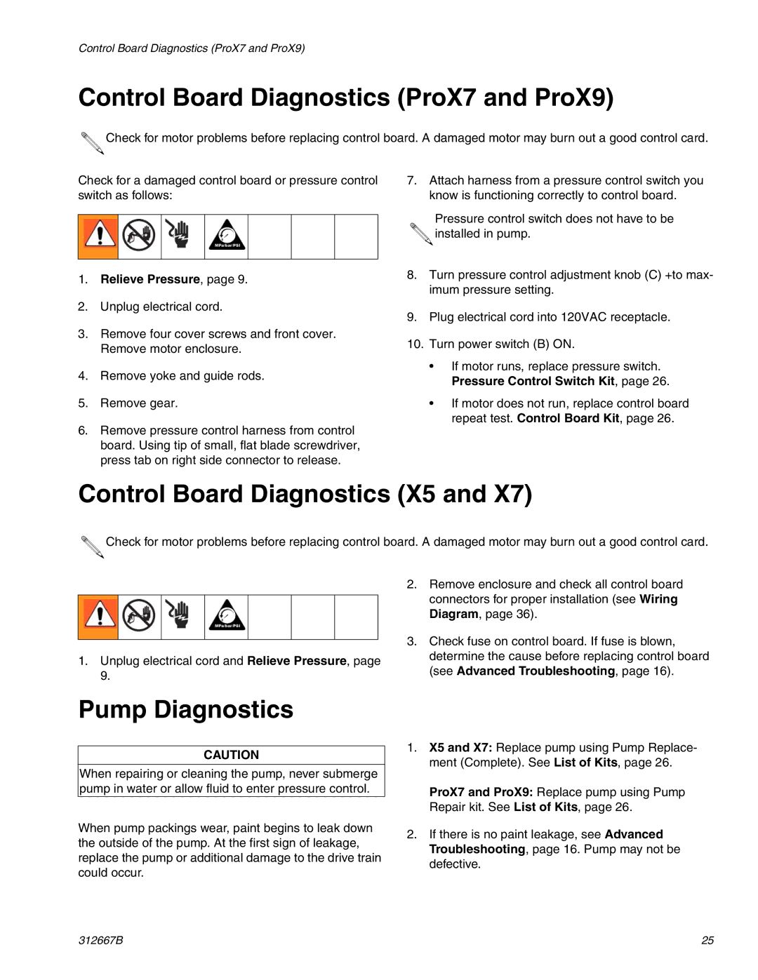 Graco Inc 261820 specifications Control Board Diagnostics ProX7 and ProX9, Control Board Diagnostics X5, Pump Diagnostics 