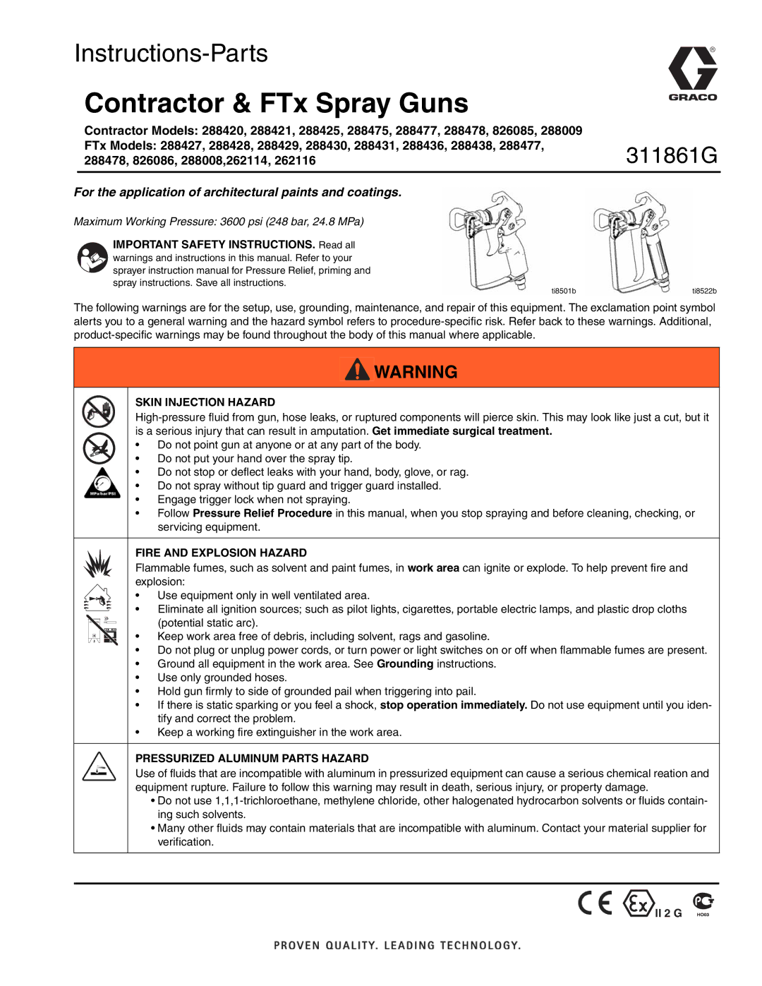 Graco Inc 288431, 288436, 288438 important safety instructions Contractor & FTx Spray Guns, 288478, 826086, 288008,262114 