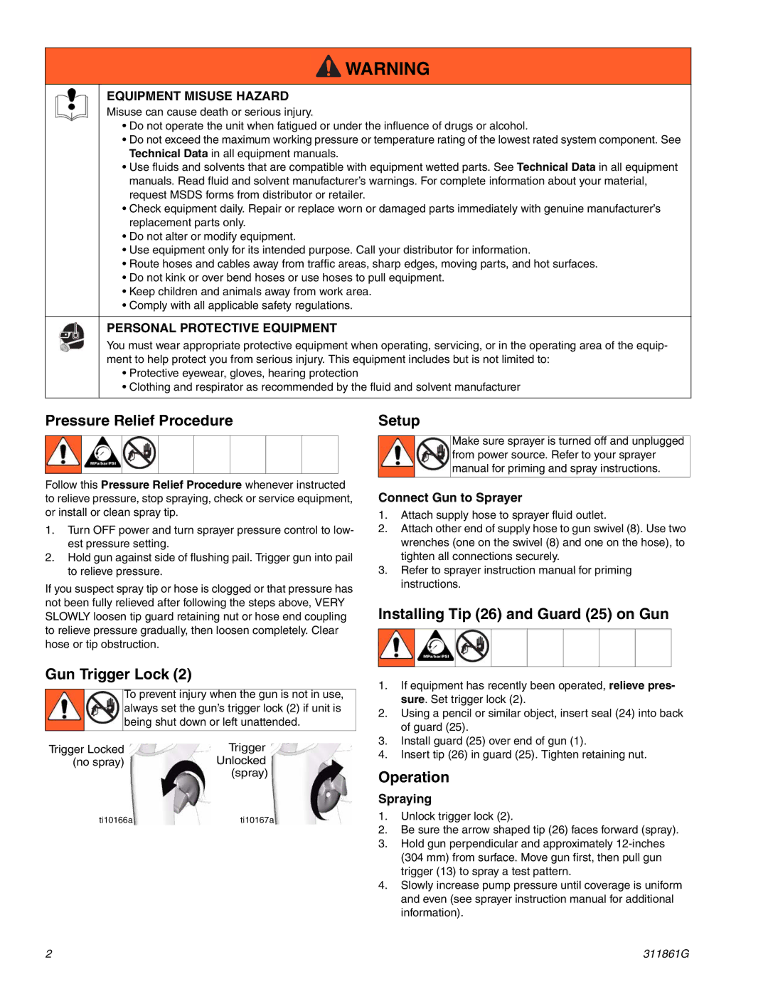 Graco Inc 288438 Pressure Relief Procedure, Installing Tip 26 and Guard 25 on Gun Gun Trigger Lock, Operation, Spraying 