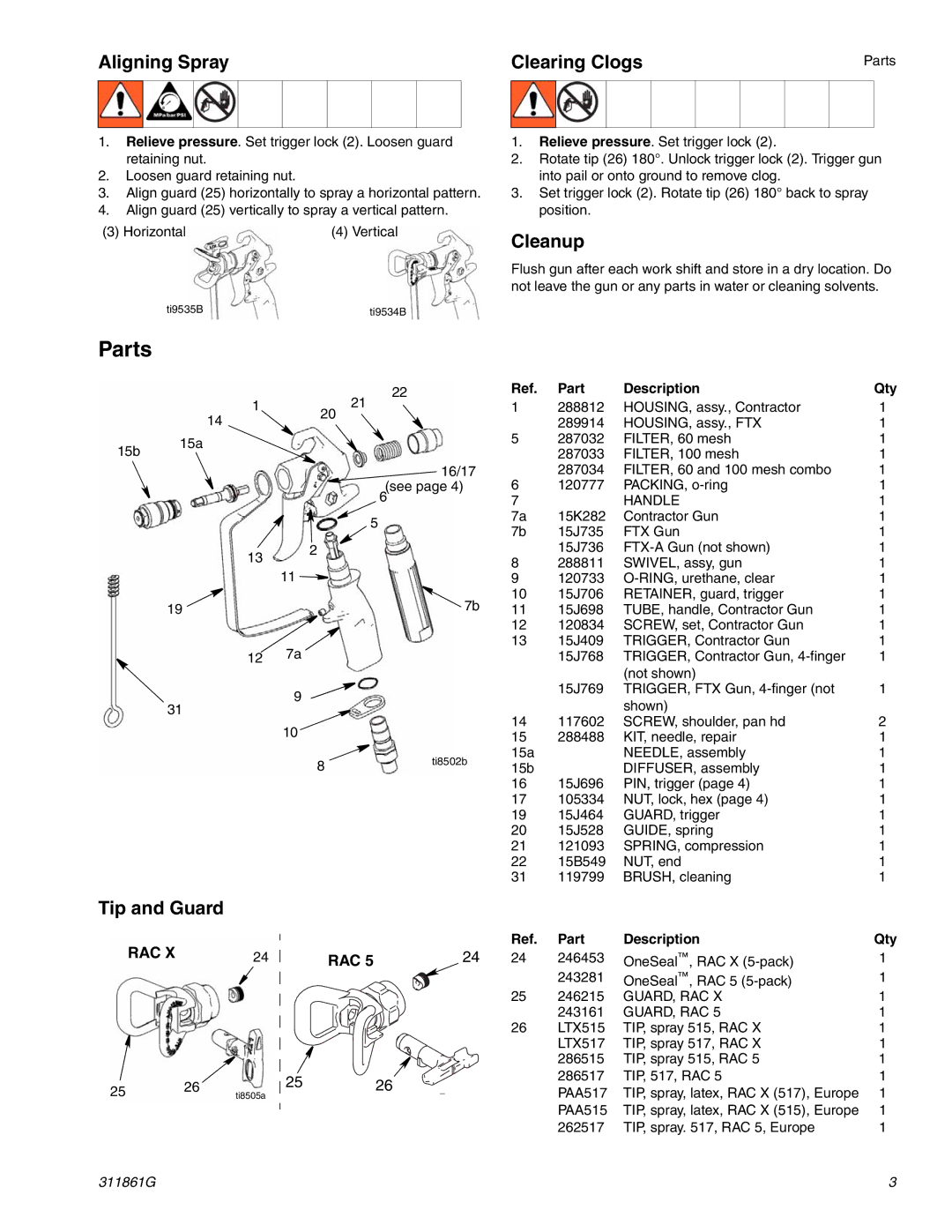 Graco Inc 288478, 288436, 288431, 288438, 288477, 288475, 826086 Parts, Aligning Spray Clearing Clogs, Cleanup, Tip and Guard 