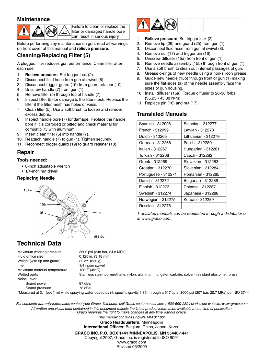 Graco Inc 288477, 288436, 288431, 288438 Technical Data, Maintenance, Cleaning/Replacing Filter, Repair, Translated Manuals 