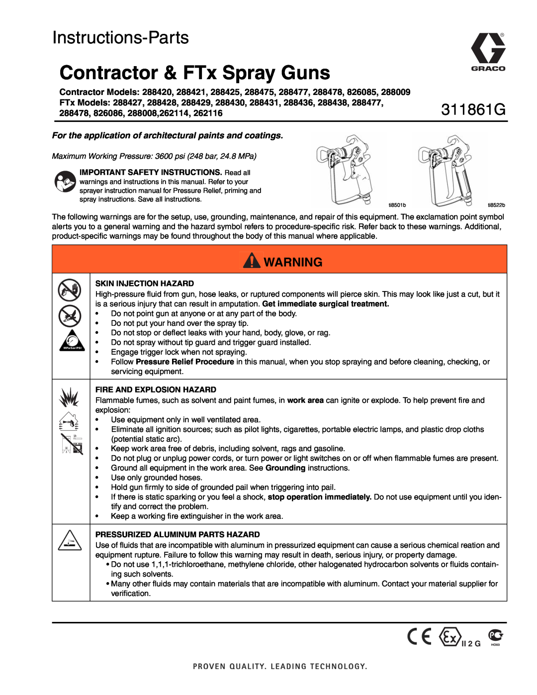 Graco Inc important safety instructions FTx Models 288427, 288428, 288429, 288430, 288431, 288436, 288438, 311861G 